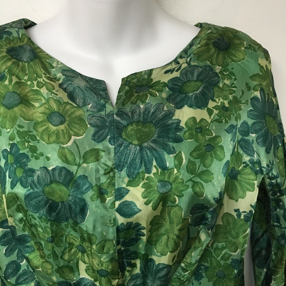 Vintage 60s Dress Below Knee Green Floral Fitted Ambassador Mi-Lady - Picture 3 of 8